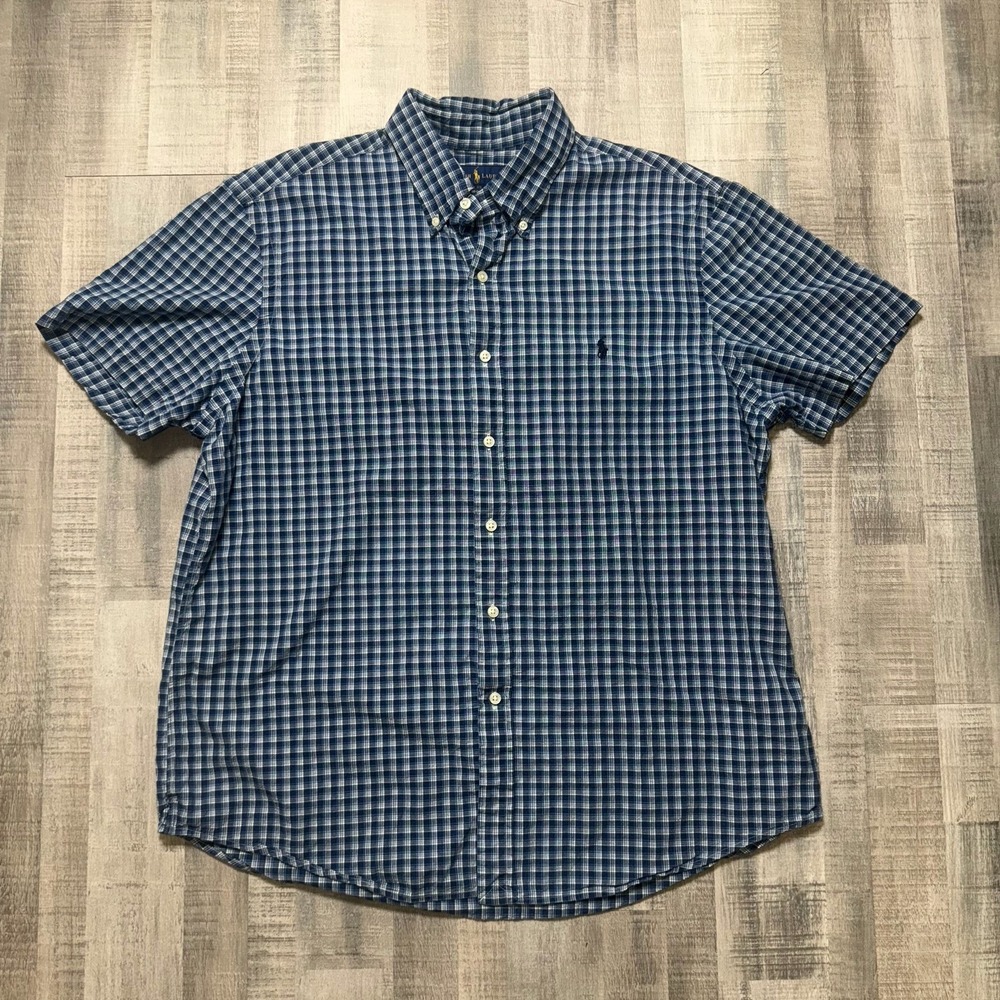 Polo Ralph Lauren Shirt Mens X Large Indigo Oxford Blue Plaid Short Sleeve Pony